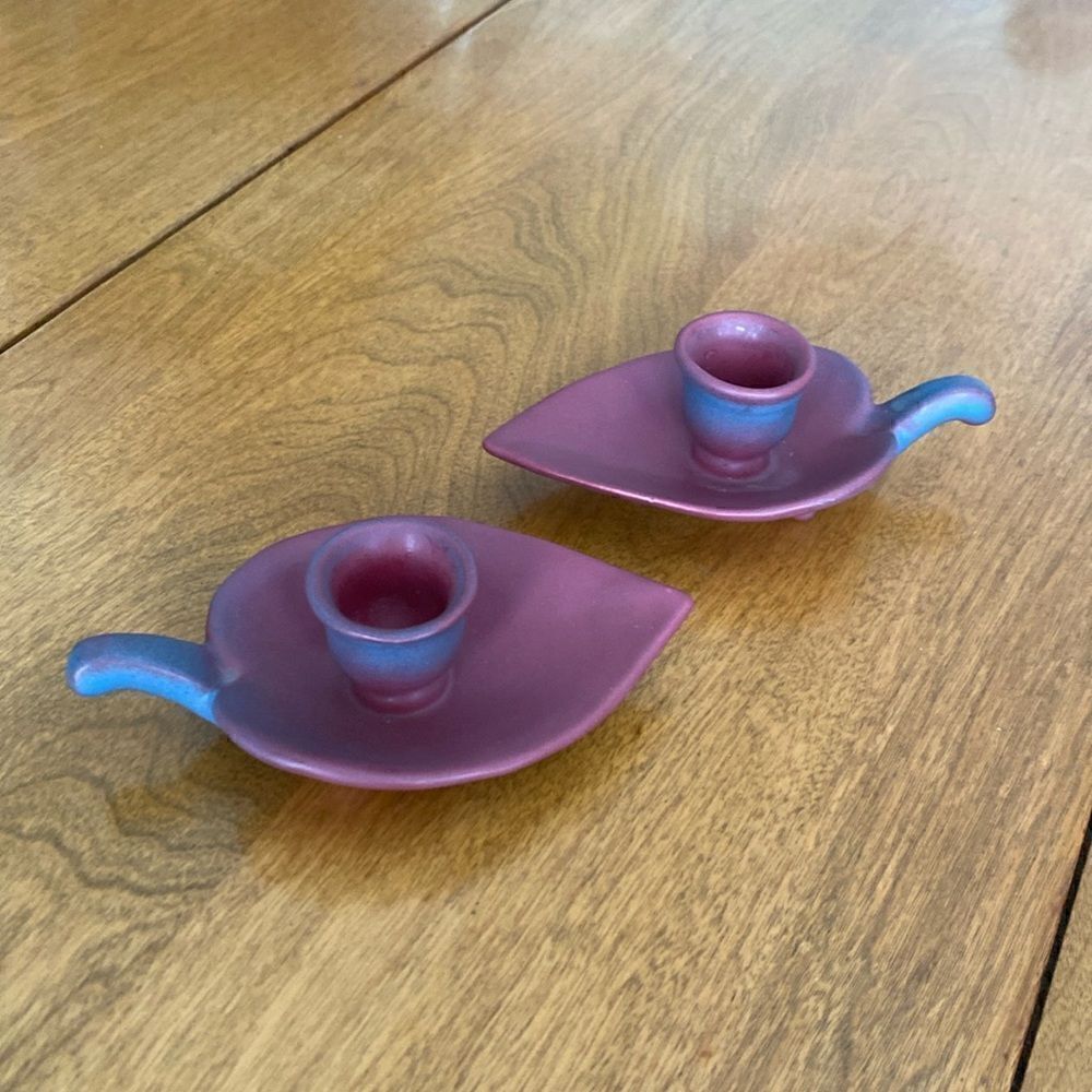 Rare Van Briggle mulberry glazed candle holders
